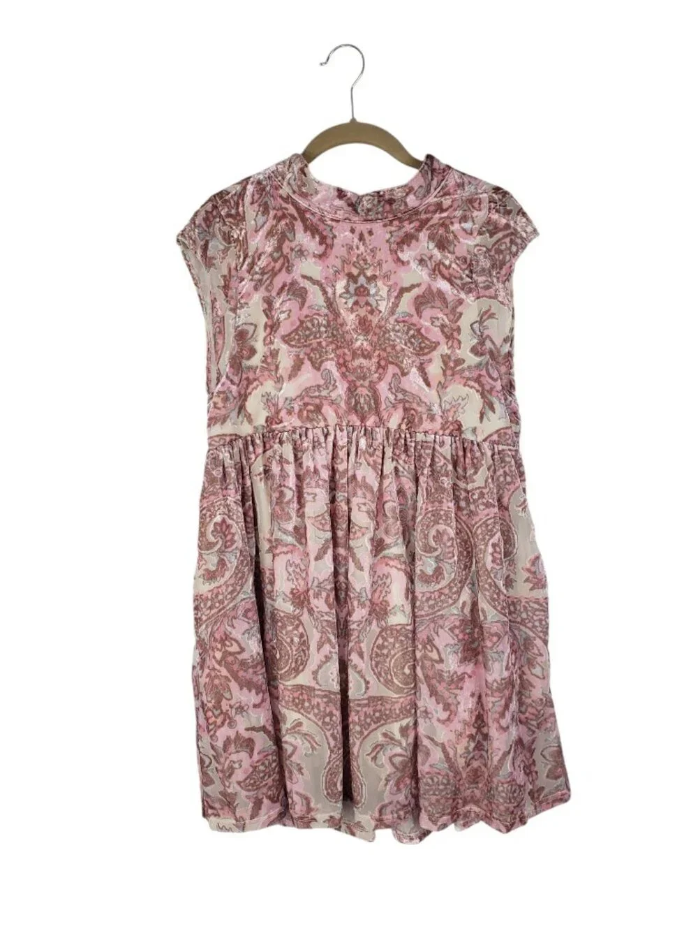 Free People All The Time Velvet Mini Dress Petal Pink Paisley Babydoll Womens XS
